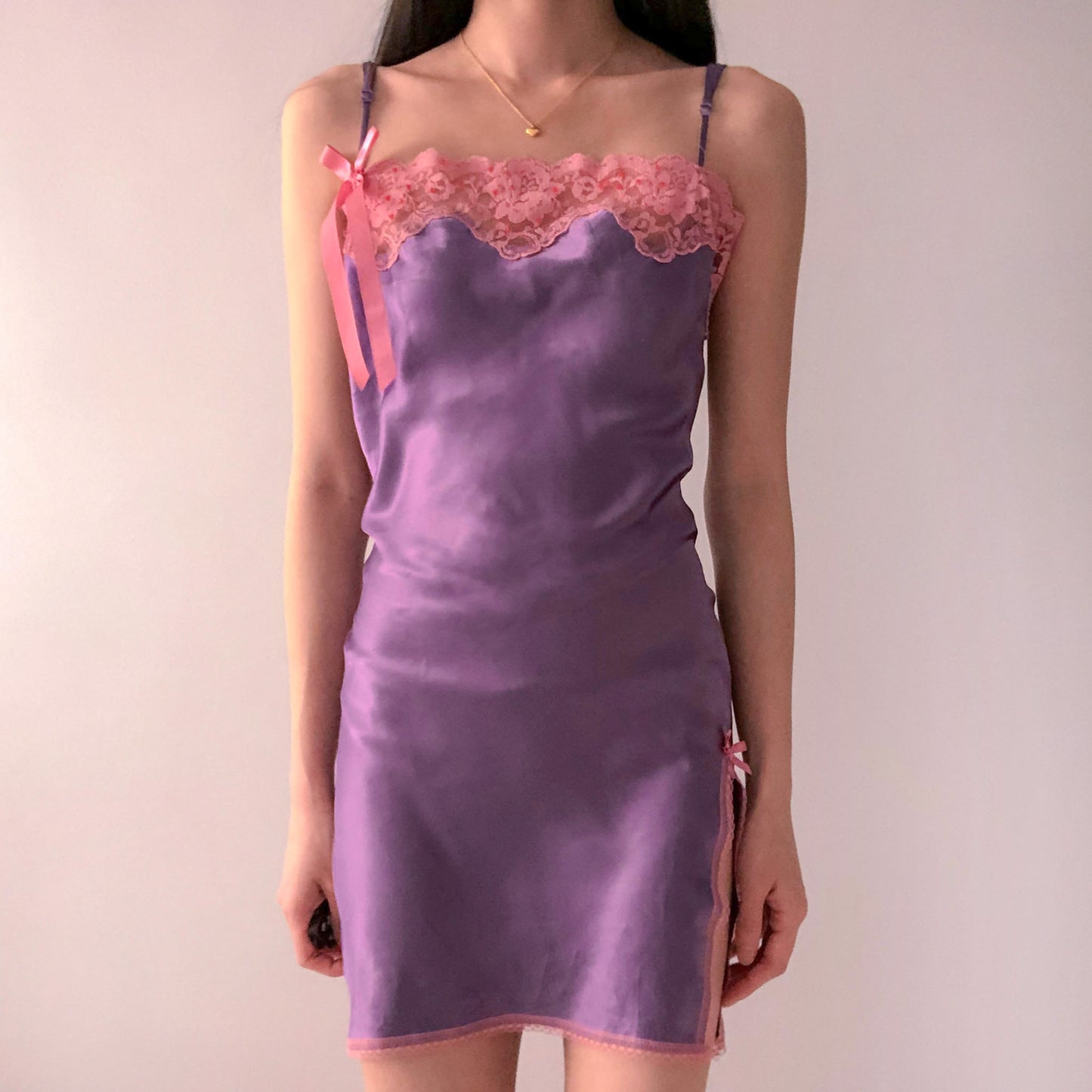 Purple Y2K Slip with Pink Lace Trim (XS)