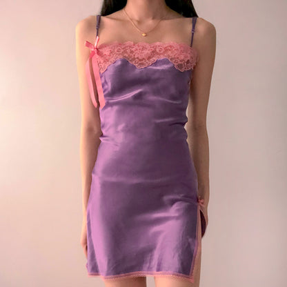 Purple Y2K Slip with Pink Lace Trim (XS)