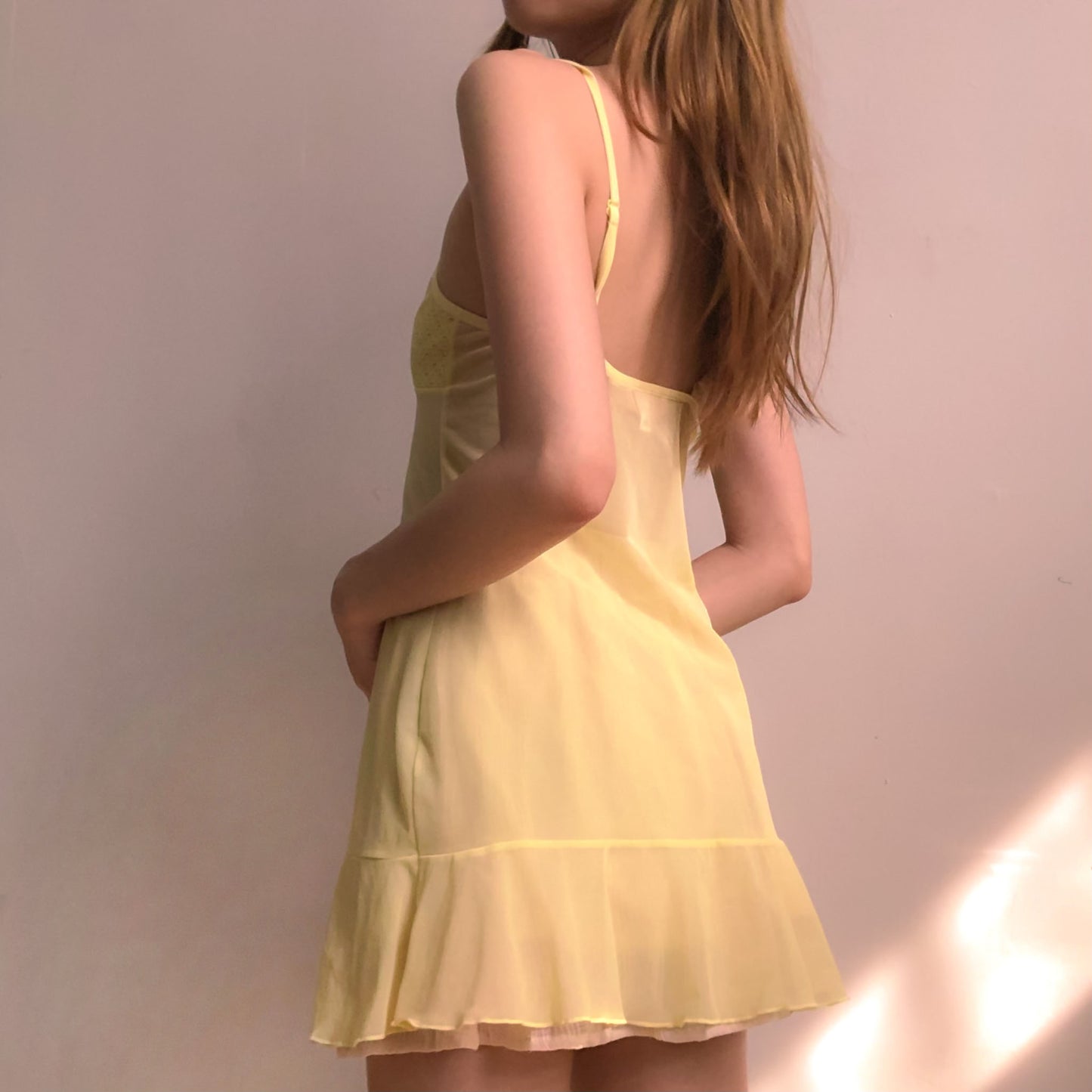 Yellow Sheer Slip with Brown Bow and Ruffle Hem Babydoll (S)